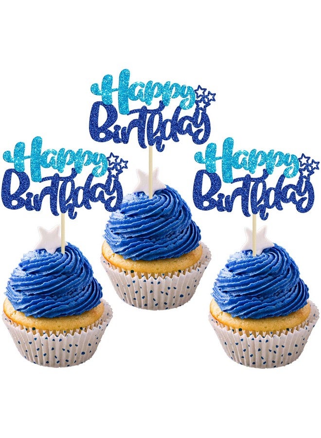 Ephlyn 24Pcs Happy Birthday Cupcake Toppers Double Layer Glitter Happy Birthday Cake Decorations for Baby Shower Theme Kids Boys Girls Birthday Anniversary Party Decorations Supplies Blue - Image 1