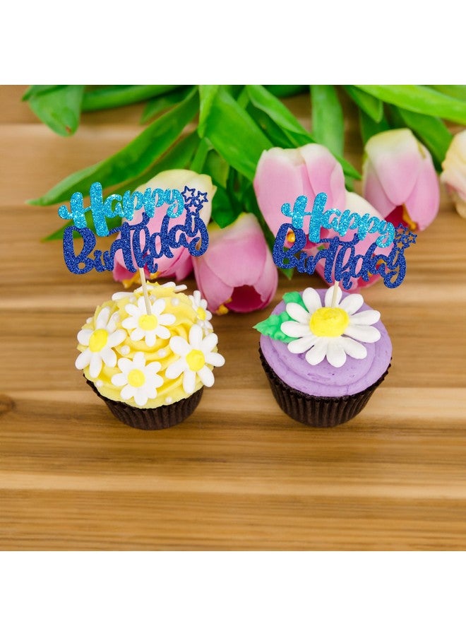 Ephlyn 24Pcs Happy Birthday Cupcake Toppers Double Layer Glitter Happy Birthday Cake Decorations for Baby Shower Theme Kids Boys Girls Birthday Anniversary Party Decorations Supplies Blue - Image 4