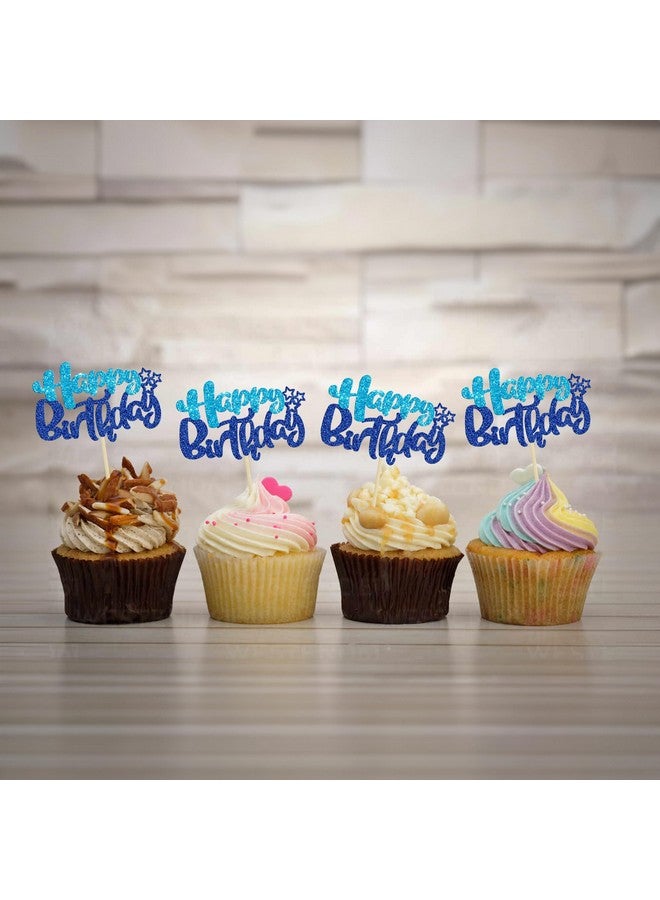 Ephlyn 24Pcs Happy Birthday Cupcake Toppers Double Layer Glitter Happy Birthday Cake Decorations for Baby Shower Theme Kids Boys Girls Birthday Anniversary Party Decorations Supplies Blue - Image 5