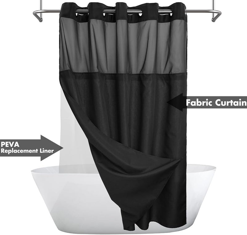 River Dream Extra Long No Hooks Needed Black Shower Curtain with Snap-in PEVA Liner Set - 71" x 98", Hotel Style with See Through Top Window, Slub Textured Fabric Curtain & Waterproof Liner, Black, 71x98 - Image 2