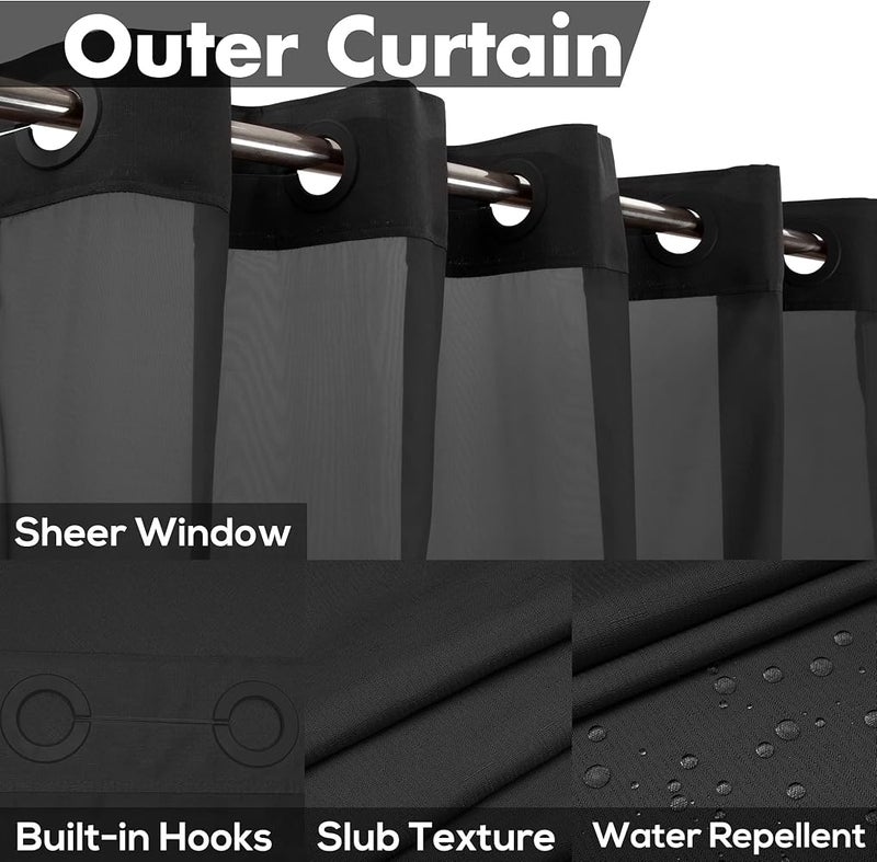 River Dream Extra Long No Hooks Needed Black Shower Curtain with Snap-in PEVA Liner Set - 71" x 98", Hotel Style with See Through Top Window, Slub Textured Fabric Curtain & Waterproof Liner, Black, 71x98 - Image 3