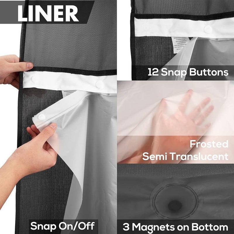 River Dream Extra Long No Hooks Needed Black Shower Curtain with Snap-in PEVA Liner Set - 71" x 98", Hotel Style with See Through Top Window, Slub Textured Fabric Curtain & Waterproof Liner, Black, 71x98 - Image 5