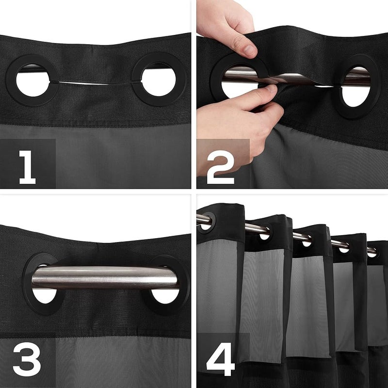 River Dream Extra Long No Hooks Needed Black Shower Curtain with Snap-in PEVA Liner Set - 71" x 98", Hotel Style with See Through Top Window, Slub Textured Fabric Curtain & Waterproof Liner, Black, 71x98 - Image 4