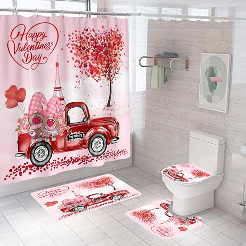 DDS-DUDES Lover Shower Curtain Set for Bathroom, Wedding,Happy Valentine's Day Gnomes by Bike Waterproof Bath Curtain, Eiffel Tower Fabric Shower Curtains with Hooks 71x71 inches - Image 1