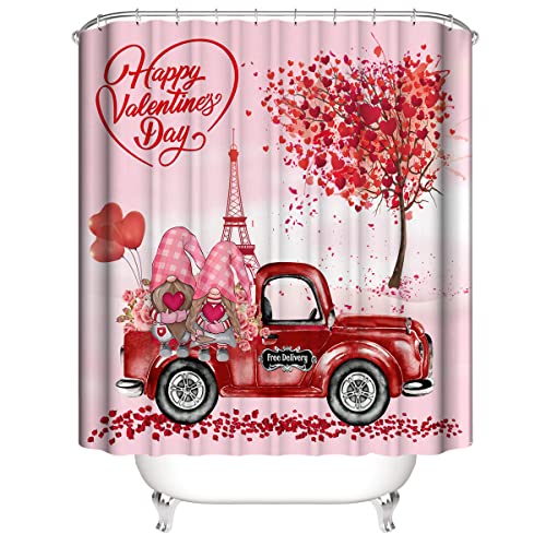 DDS-DUDES Lover Shower Curtain Set for Bathroom, Wedding,Happy Valentine's Day Gnomes by Bike Waterproof Bath Curtain, Eiffel Tower Fabric Shower Curtains with Hooks 71x71 inches - Image 3