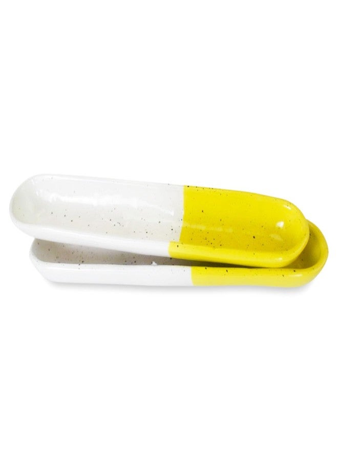 roro Ceramic Stoneware Lemon Yellow Serving Tray Set of 2, 9 Inches, Microwave and Dishwasher Safe - Image 1