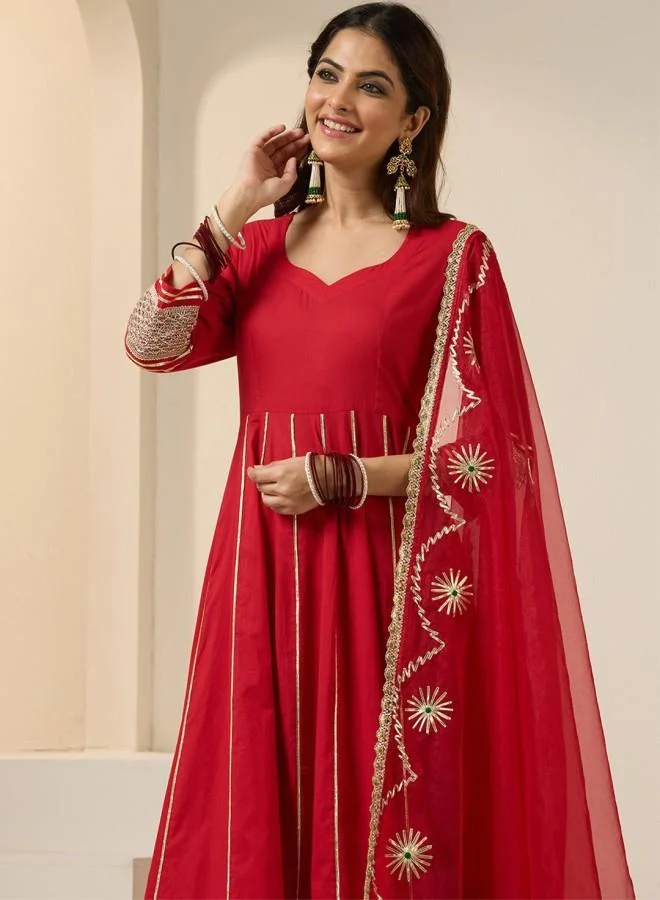 آي شين Women's Red 100% Cotton Embroidered Tunic Full Length Palazzo Straight Fit Kurta Set