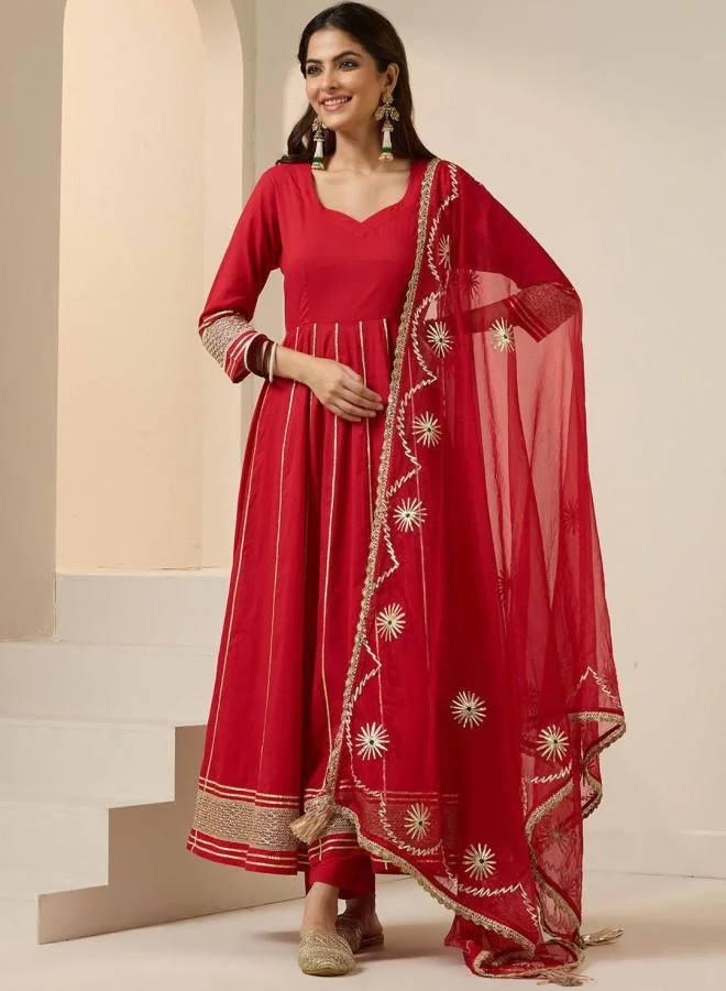 آي شين Women's Red 100% Cotton Embroidered Tunic Full Length Palazzo Straight Fit Kurta Set
