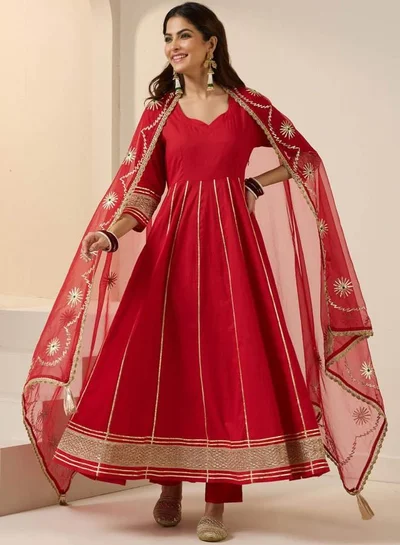 ISHIN Women's Red 100% Cotton Embroidered Tunic Full Length Palazzo Straight Fit Kurta Set