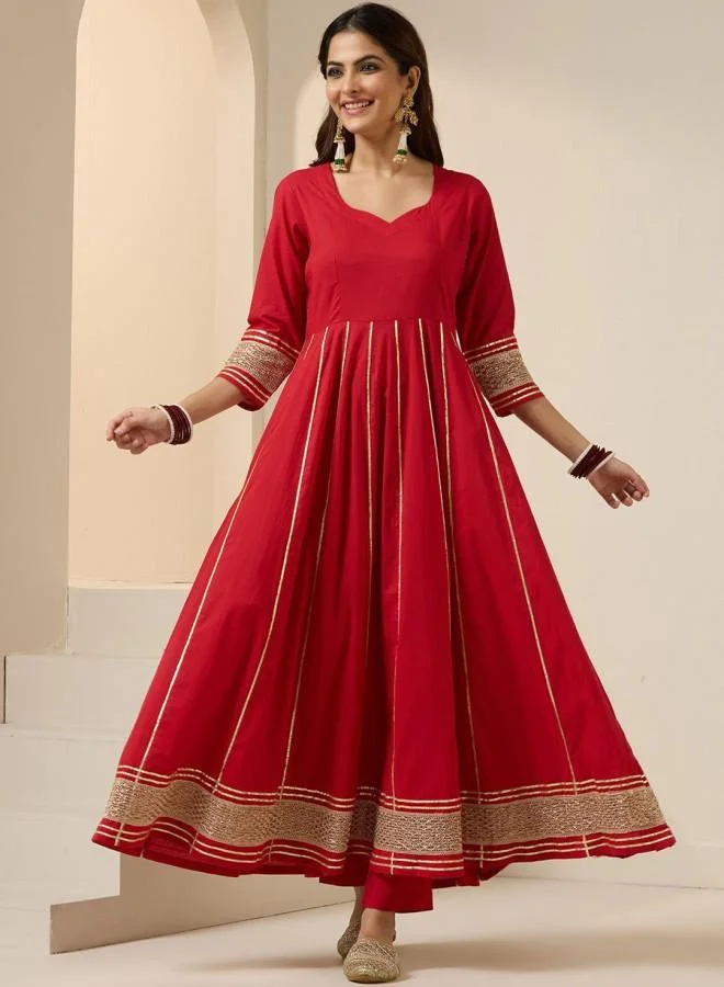 آي شين Women's Red 100% Cotton Embroidered Tunic Full Length Palazzo Straight Fit Kurta Set