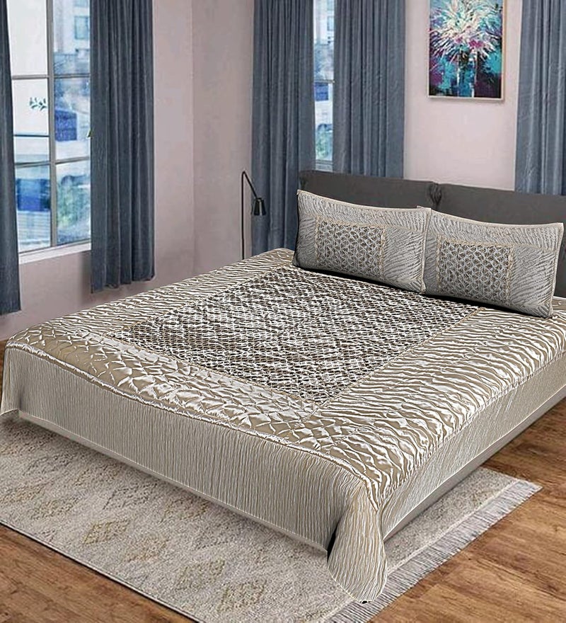 TRUE VALUA 310 TC Cream Satin Gold Print Satin Double Bed Bedsheet with 2 Pillow Cover Double Cream