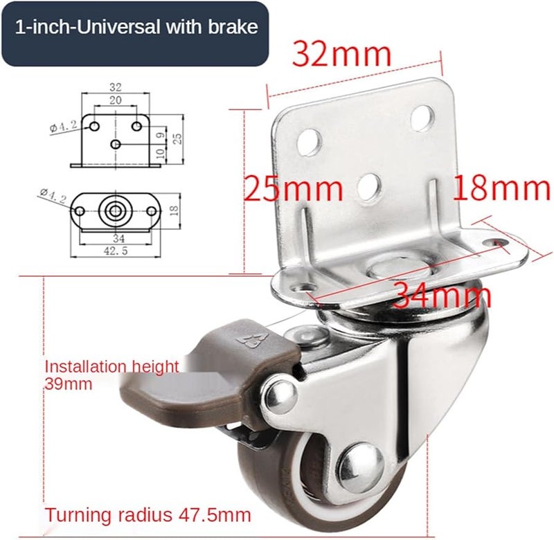 Heavy Duty Mute Swivel Caster Wheels 1 Inch With Brake For Furniture Cabinet Workbench - Image 3