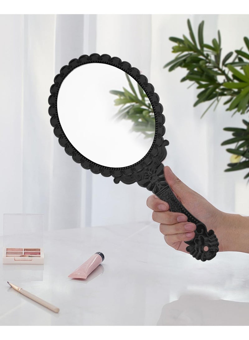 يُسلِّم 2 قطعة مرآة يدوية عتيقة محمولة على شكل زهرة منقوشة محمولة ومرآة زخرفية محمولة ومرآة مدمجة بمقبض لمكياج الوجه والسفر ومستحضرات التجميل الشخصية (اللون: أسود) - Image 3