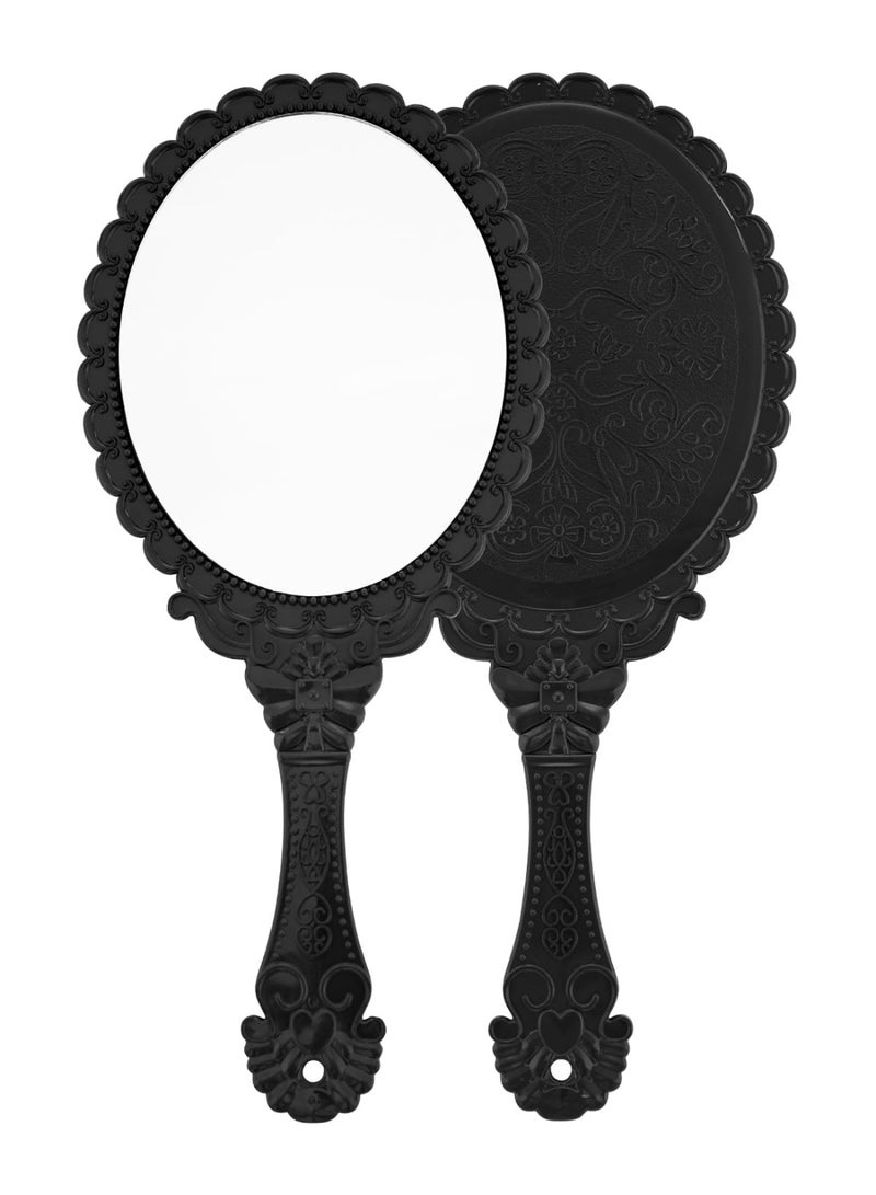 يُسلِّم 2 قطعة مرآة يدوية عتيقة محمولة على شكل زهرة منقوشة محمولة ومرآة زخرفية محمولة ومرآة مدمجة بمقبض لمكياج الوجه والسفر ومستحضرات التجميل الشخصية (اللون: أسود) - Image 1