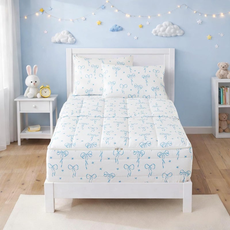 Bildenly Bow Zipper Bedding Twin for Girls, Bed in a Bag, Comforter Set White - Light Blue Bow Quilt with All-in-One Zipper Design, Cute Bow Quilt Set for Girls & Boys - Image 1