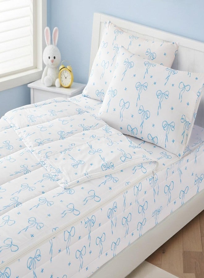 Bildenly Bow Zipper Bedding Twin for Girls, Bed in a Bag, Comforter Set White - Light Blue Bow Quilt with All-in-One Zipper Design, Cute Bow Quilt Set for Girls & Boys - Image 3