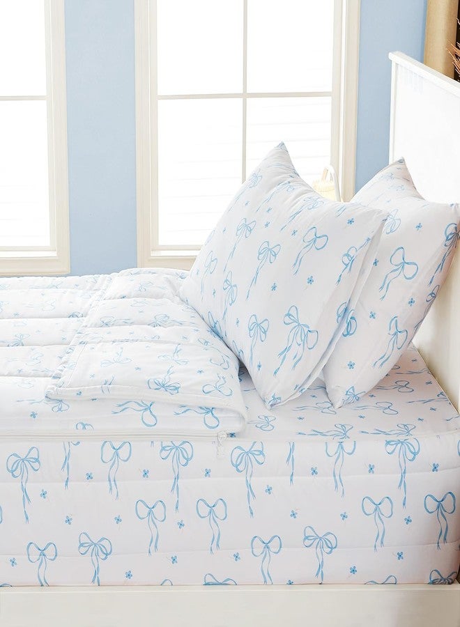 Bildenly Bow Zipper Bedding Twin for Girls, Bed in a Bag, Comforter Set White - Light Blue Bow Quilt with All-in-One Zipper Design, Cute Bow Quilt Set for Girls & Boys - Image 4