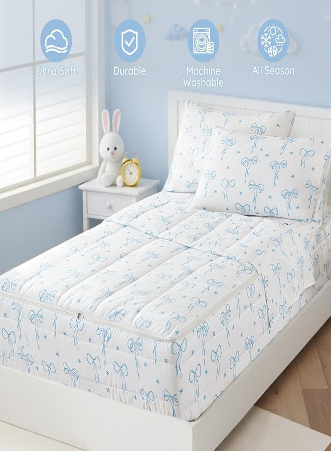 Bildenly Bow Zipper Bedding Twin for Girls, Bed in a Bag, Comforter Set White - Light Blue Bow Quilt with All-in-One Zipper Design, Cute Bow Quilt Set for Girls & Boys - Image 2