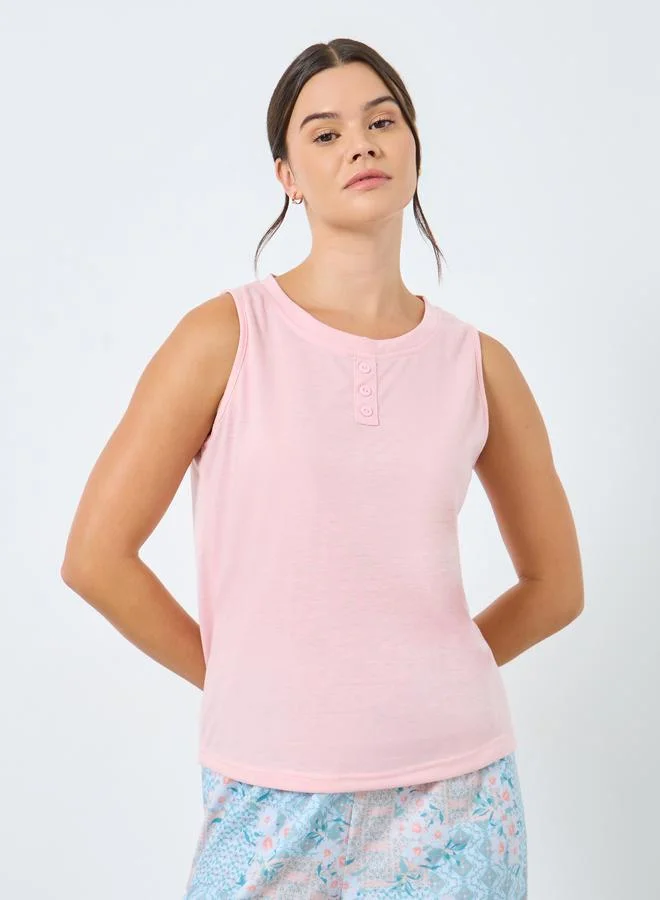 Styli Styli Placket Detail Tank and Floral Piped Pyjama Set