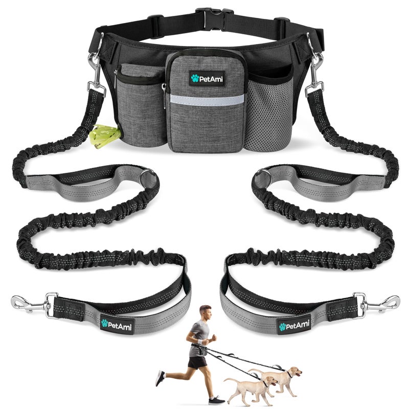 PetAmi Premium Hands Free Dog Leash for 2 Dogs Adjustable Waist Belt Leash for Dog Walking Fanny Pack Accessories Bag Dual Bungee Leash for Running Hiking Jogging Biking Charcoal Grey - Image 2