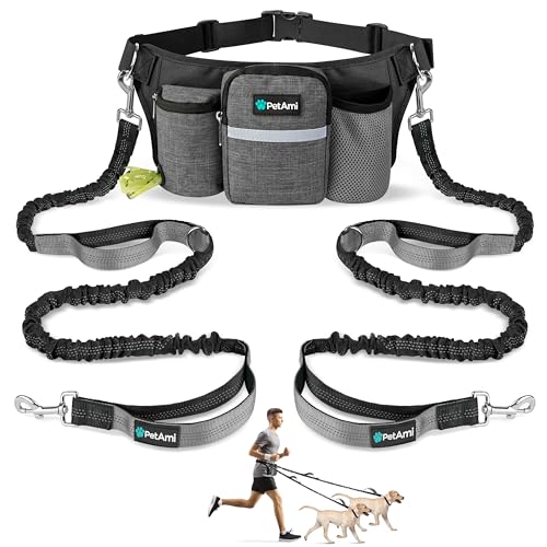 PetAmi Premium Hands Free Dog Leash for 2 Dogs Adjustable Waist Belt Leash for Dog Walking Fanny Pack Accessories Bag Dual Bungee Leash for Running Hiking Jogging Biking Charcoal Grey - Image 1