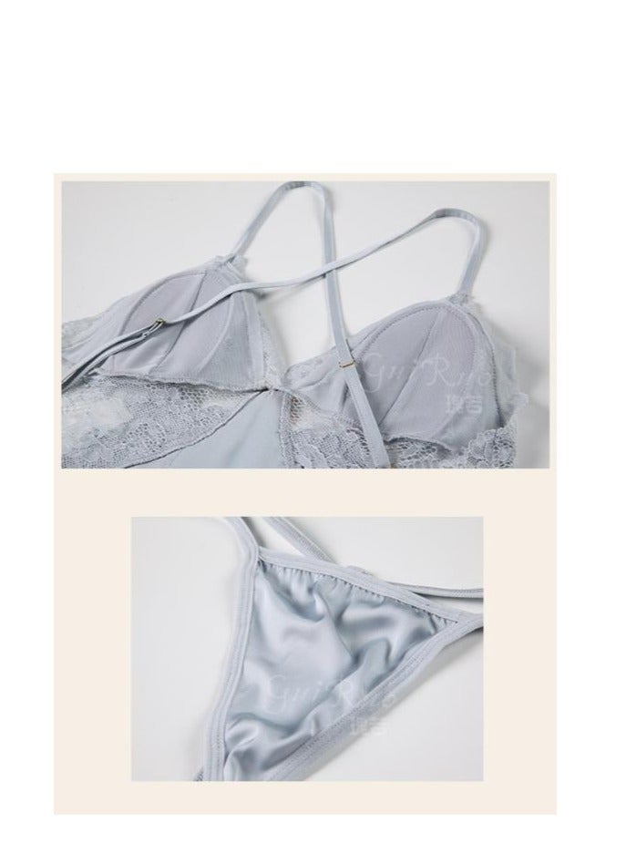 New Satin Lace Chest Cuhion Suspender Nightgown, Women's Lace Up Nightgown, Home Wear Four Piece S - Image 5