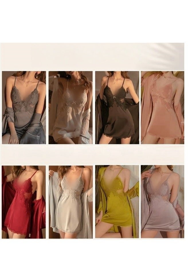 New Satin Lace Chest Cuhion Suspender Nightgown, Women's Lace Up Nightgown, Home Wear Four Piece S - Image 2