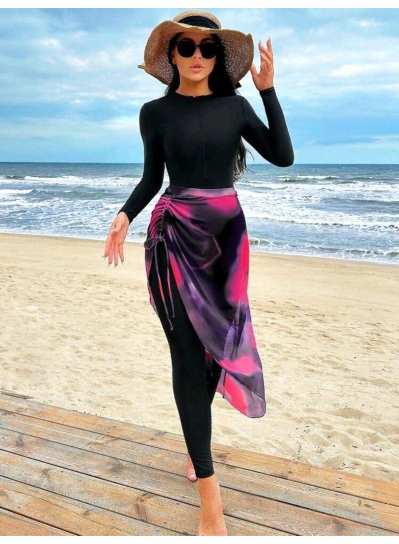 Women's one-piece waterproof swimsuit with long sleeves, front zipper, and turban-style headscarf — comfortable, sporty design suitable for swimming, the beach, Code 3500 - Image 1