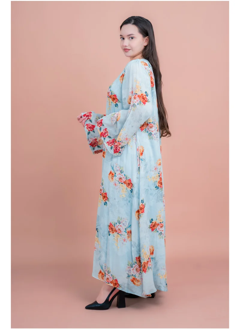 IKKXA Floral Printed Long Sleeve Jalabiya IK6010 Blue