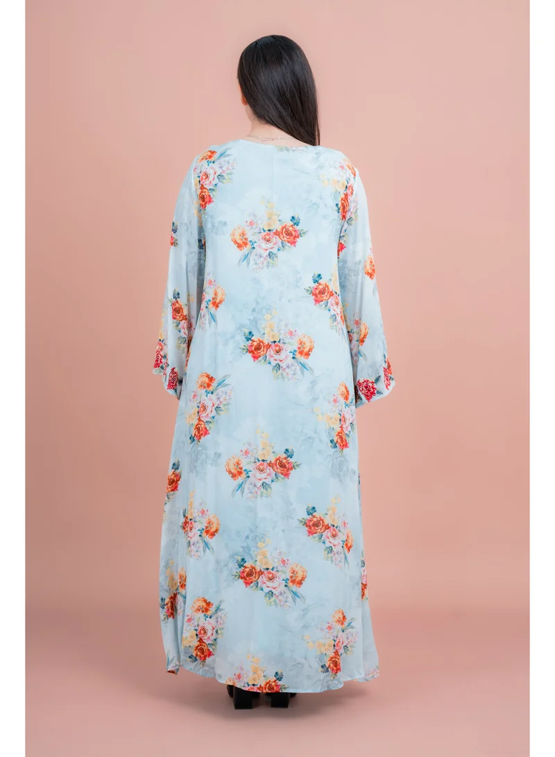 IKKXA Floral Printed Long Sleeve Jalabiya IK6010 Blue