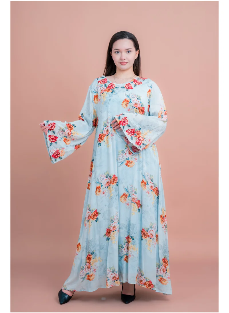IKKXA Floral Printed Long Sleeve Jalabiya IK6010 Blue