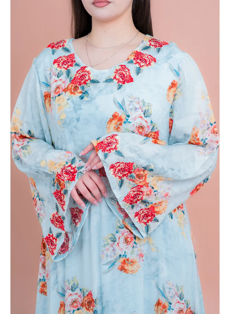 IKKXA Floral Printed Long Sleeve Jalabiya IK6010 Blue
