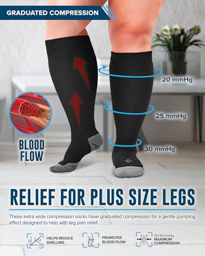 Doctor's Select 3 Pairs Plus Size Compression Socks Wide Calf - Up to 6XL | 20-30 mmHg Compression Socks for Women Wide Calf | Black - Image 2