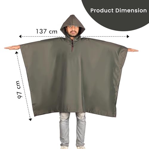 Hacer Poncho Raincoat Waterproof Rainwear Adult Lightweight Hooded Unisex Cape for Hiking Camping Emergency- Khaki - Image 3
