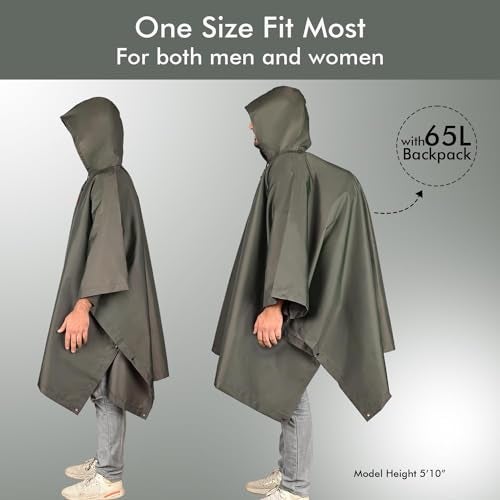 Hacer Poncho Raincoat Waterproof Rainwear Adult Lightweight Hooded Unisex Cape for Hiking Camping Emergency- Khaki - Image 4