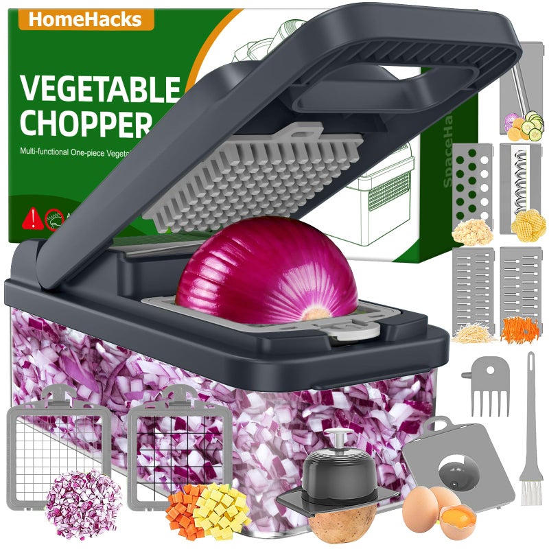 HomeHacks Vegetable Chopper Vegetable Cutter 12 in 1 Kitchen Gadget Dicer Slicer Onion Cutter Salad Cheese Grater Egg Separator MultiFunctional Veggie Chopper Lid with Handle Grey - Image 2