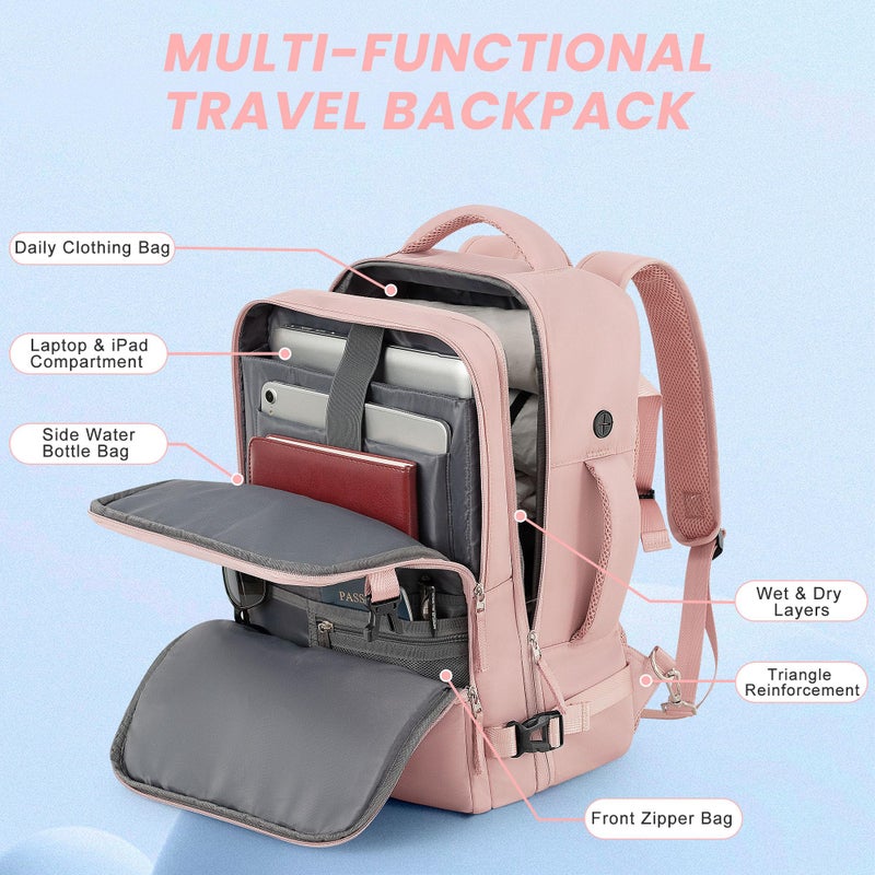 Sinaliy Travel Backpack, Carry on Flight approved Travel Bag with Multi-Pockets, Waterproof 17.3inch Laptop Backpack for Men Women, Pink - Image 4