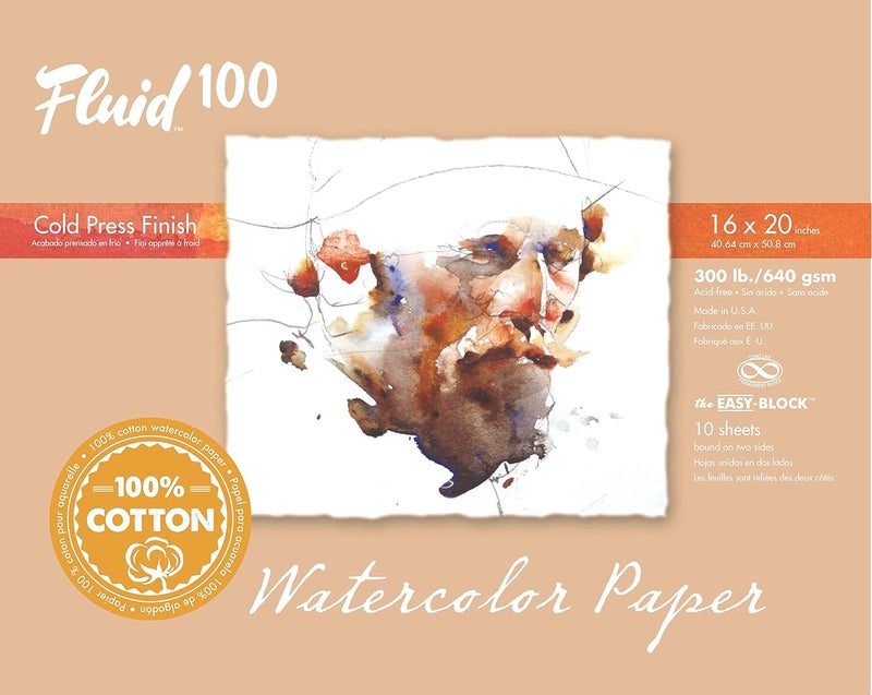 Speedball Fluid 100 Watercolor Paper Block, 16 x 20 inches, 10 Sheets, 300 lb (640 GSM) 100% Cotton Cold Press Pad for Artist Painting and Wet Media - Image 1