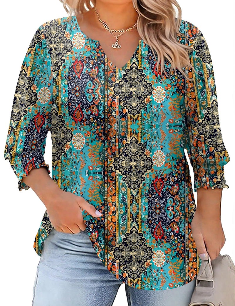 Rapbin Early Fall Fashion Plus Size 3/4 Sleeve T Shirts for Women Lightweight Blouses Casual Loose Tunic Tops (Boho Blue Printed 2XL) - Image 1