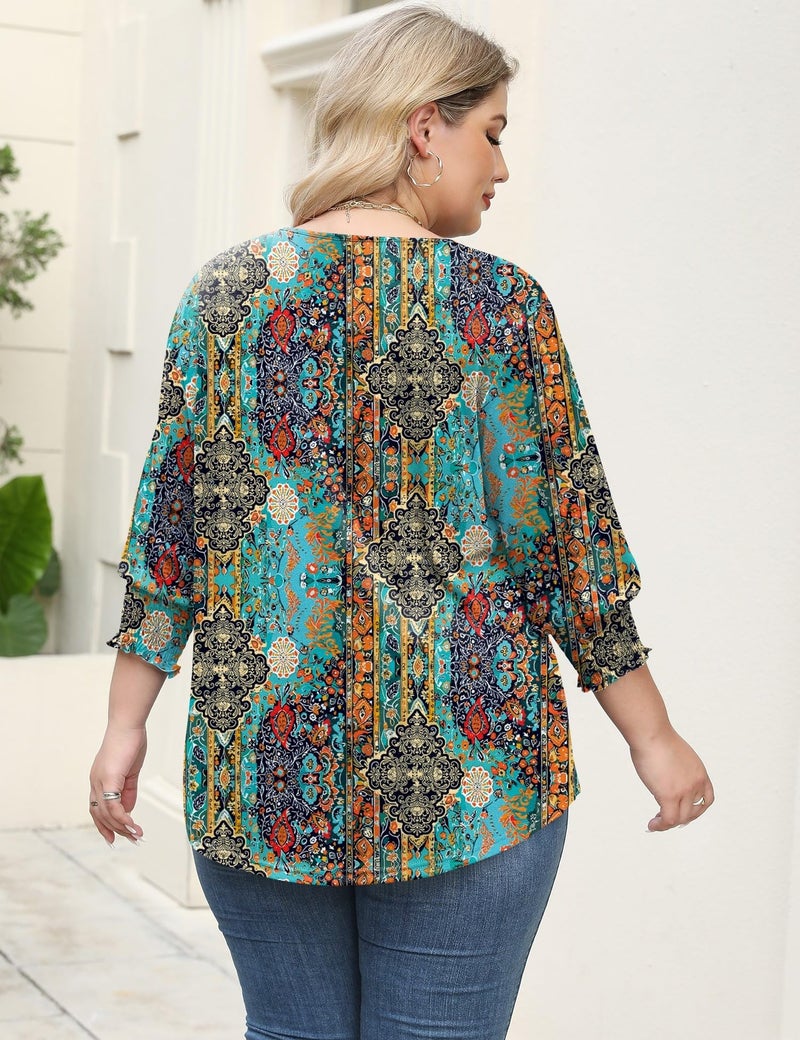 Rapbin Early Fall Fashion Plus Size 3/4 Sleeve T Shirts for Women Lightweight Blouses Casual Loose Tunic Tops (Boho Blue Printed 2XL) - Image 4