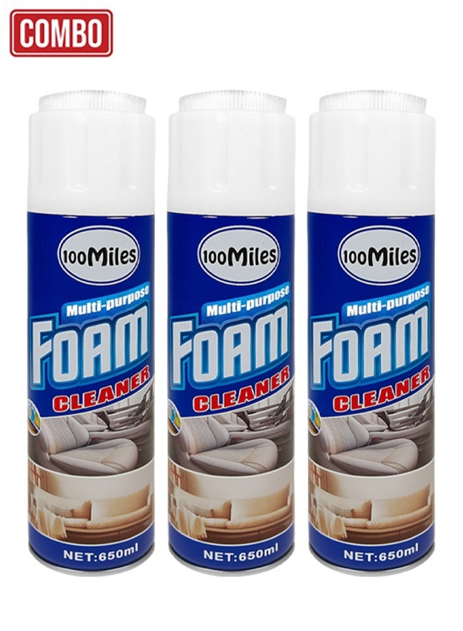 100Miles Combo - Buy 3pcs 100Miles Multi-Purpose Foam Cleaner 650ml  Powerful Cleaning Spray for Car Interior, Fabric Seats, Leather, Dashboard, Door Panels, Kitchen Surfaces, Shoes & Upholstery – Quick Dry & Easy Use - Image 1
