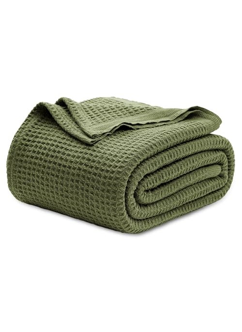 Bedsure Bedsure 100 Cotton Blanket Queen Size for Bed  Breathable and Soft Waffle Weave Blanket for Summer Spring Olive Green 90x90 Inches 