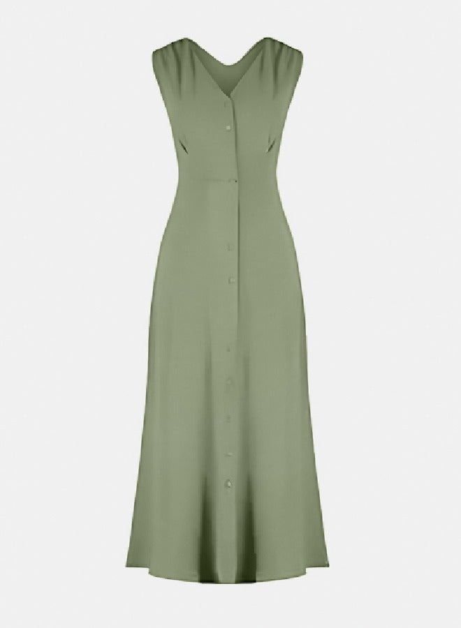 olive Buttoned Sleeveless Midi Woven Shirt Dress