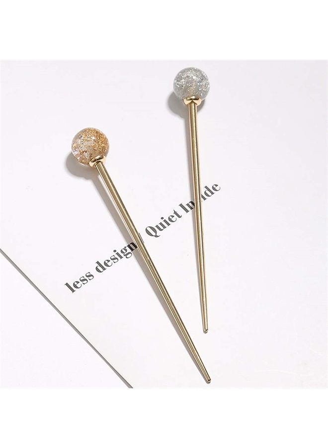 Luzen 2Pcs Simple Elegant Round Ball Metal Hair Stick Fork Chignon Pin Lollipop Shape Decorative Hairpin Chopsticks Hair Jewelry for Women Lady Teen Fashion Hair Updo Making Accessories, Silver and Gold - Image 2