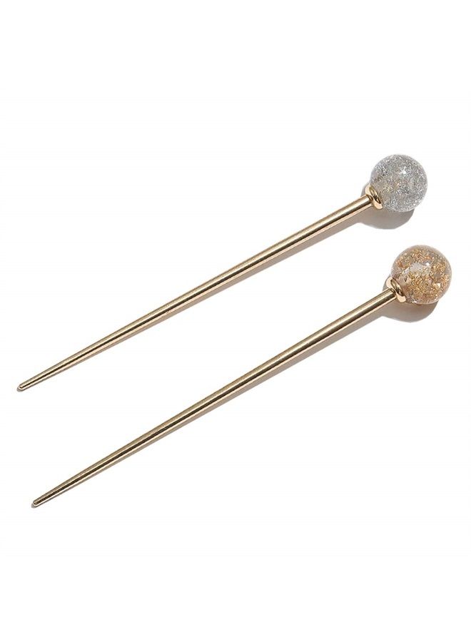 Luzen 2Pcs Simple Elegant Round Ball Metal Hair Stick Fork Chignon Pin Lollipop Shape Decorative Hairpin Chopsticks Hair Jewelry for Women Lady Teen Fashion Hair Updo Making Accessories, Silver and Gold - Image 1
