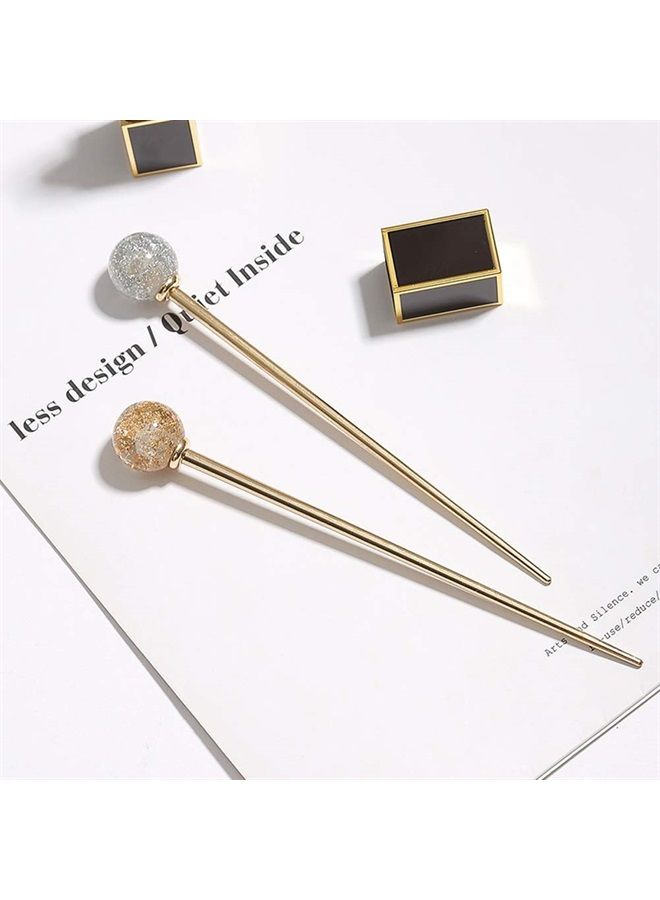 Luzen 2Pcs Simple Elegant Round Ball Metal Hair Stick Fork Chignon Pin Lollipop Shape Decorative Hairpin Chopsticks Hair Jewelry for Women Lady Teen Fashion Hair Updo Making Accessories, Silver and Gold - Image 4