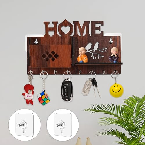 Goelite Key Holder for Home Without Drill with Storage | No Drilling Required | Home Keyholders with 8 Hooks with 2 Powerful Wall Hooks - Image 1