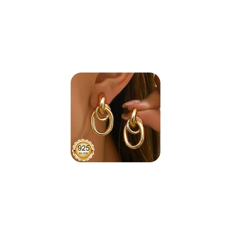 ORAZIO Chunky Gold Plated Knot Earrings for Womens Trendy 925 Silver Statement Lightweight Dangle Drop Hypoallergenic Large Geometric Stud Earring Jewelry for Women D - Image 1