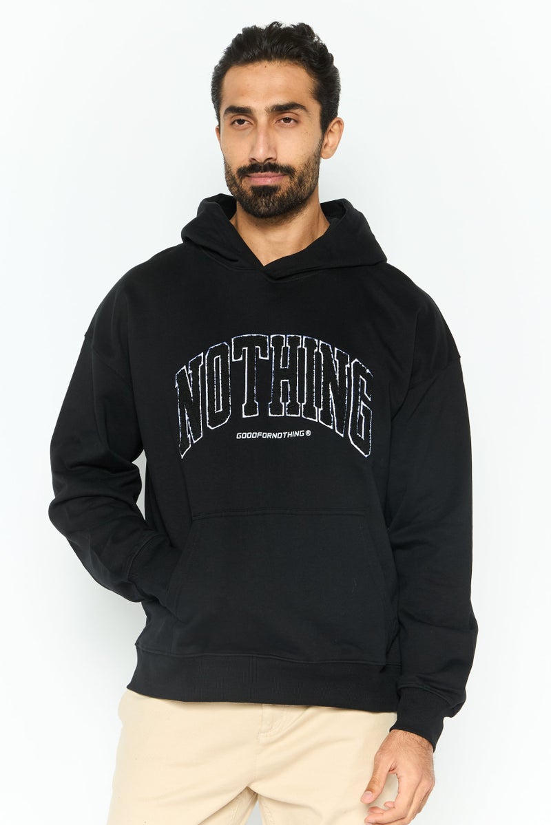 GOOD FOR NOTHING Men Oversized Hooded Embroidered Logo Long Sleeve Sweatshirt, Black - Image 1