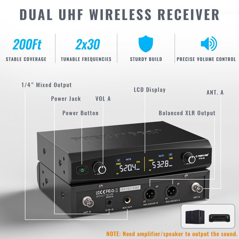 Phenyx Pro UHF Wireless Microphone System w/ 2x30 Tunable Frequencies, Metal Cordless Mic Set, 200 ft Range, 2 Bodypacks & Headsets/Lapel Mics for Speaking, Singing, Church, DJ (PTU-52-2B) - Image 2